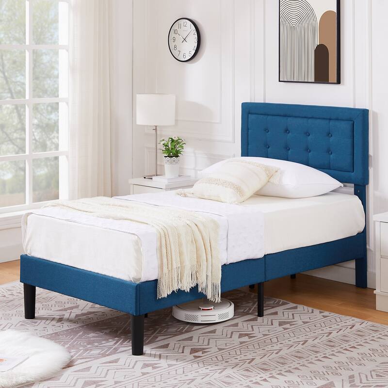 VECELO Bed Frame with Adjustable Headboard Upholstered Button Tufted Platform Bedframe with Wood Slats Support