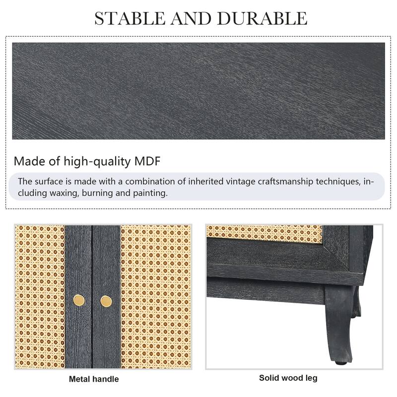 Rattan Sideboard Buffer Cabinet With 4 Rattan Doors - Antique Dark Grey