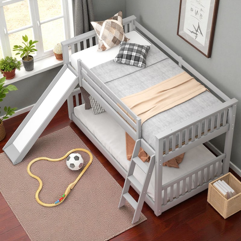 Twin Over Twin / Full Over Full Wooden Bunk Bed with Convertible Slide and Ladder, Guardrails, No Box Spring Needed