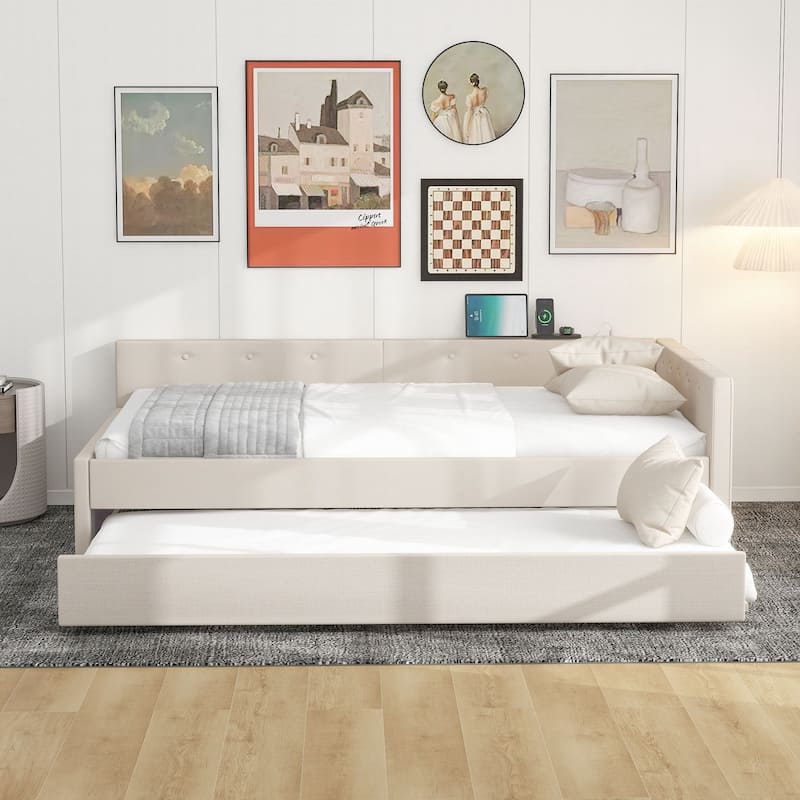 Roomfitters Full/Queen Size Upholstered Platform Bed with USB Port, Trundle Included, Beige