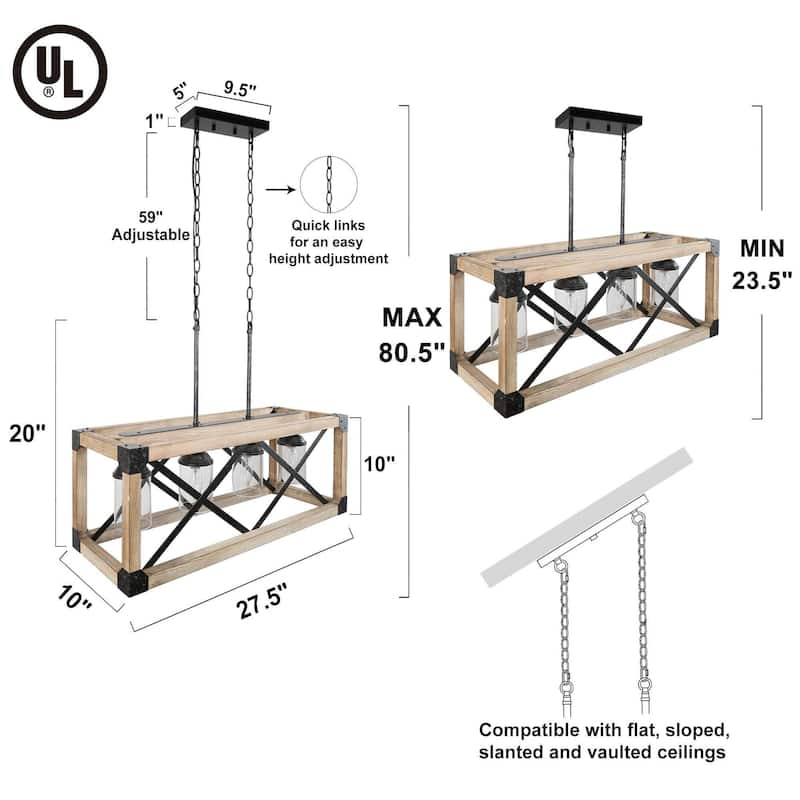 Modern Farmhouse 4-Light Wood Cage Chandelier Glass Shade Kitchen Island Lights - Taupe - L27.5"xW10"xH80.5"