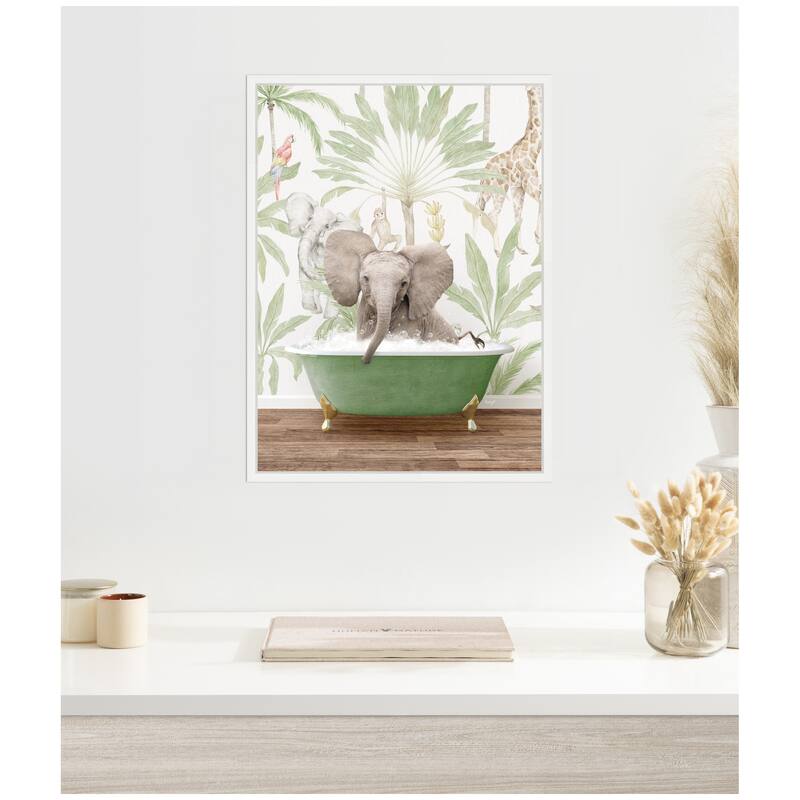 Kate and Laurel Sylvie Baby Elephant 3 in Wild Safari Bathtub Framed Canvas by Amy Peterson
