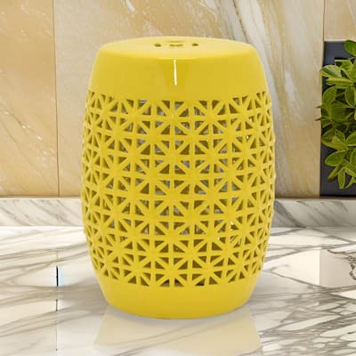 Vol 18 Inch Plant Stand Table Stool, Cut Out Details, Drum Shape, Yellow