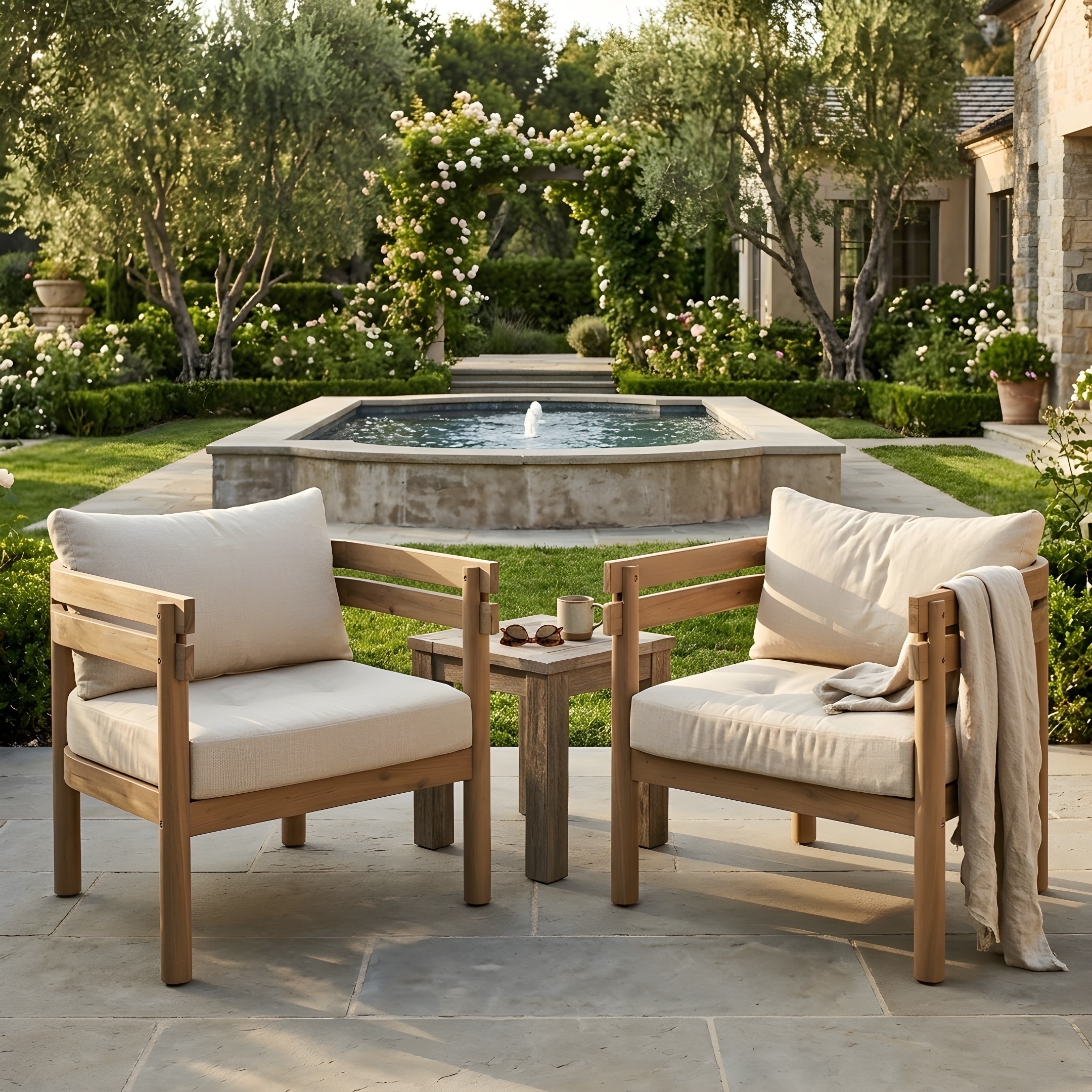 Christopher Knight Home - Outdoor Set of 2 Club Chairs with Ergonomic Acacia Wood Slat Armrests & Water-Resistant Cushion