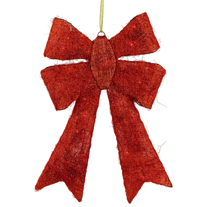 23" Lighted Sparkling Red Sisal Double Bow Christmas Decoration