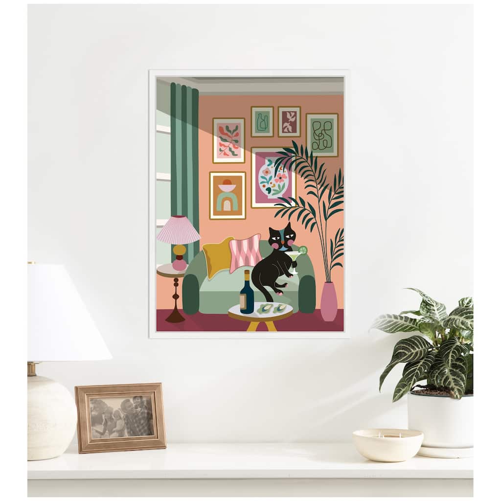 Kate and Laurel Cocktail Cat by Rachel Lee 3 Birdies Studio Framed Canvas Wall Art Print