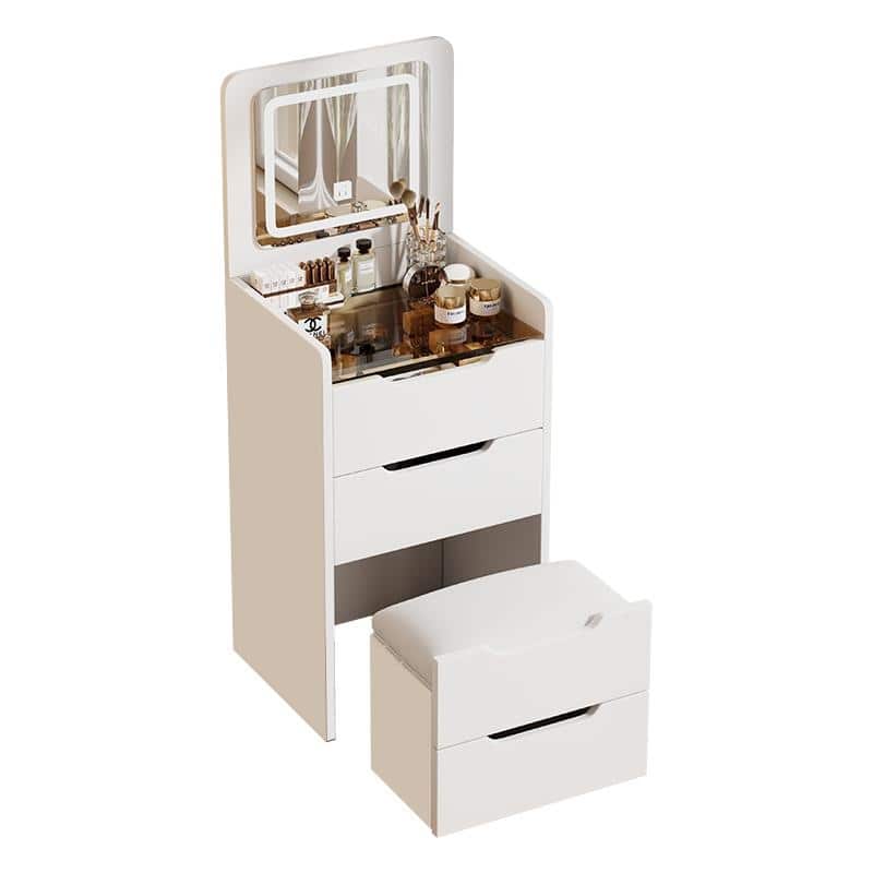 3 in 1 Vanity Desk, Makeup Table with Plip-up Mirror and Lights, Vanity Desk Set with Visible Glass Desktop and Hidden Stool