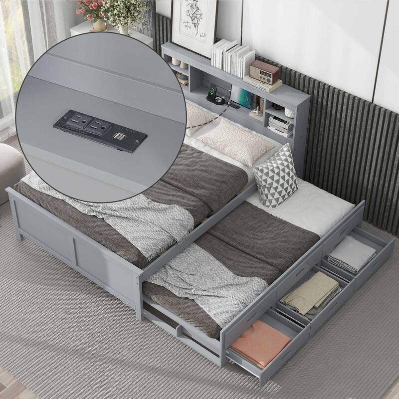 Full Bed Frame with Bookcase Headboard and Charging Station, Wood Captain Bed with Trundle and Storage Drawers - Grey