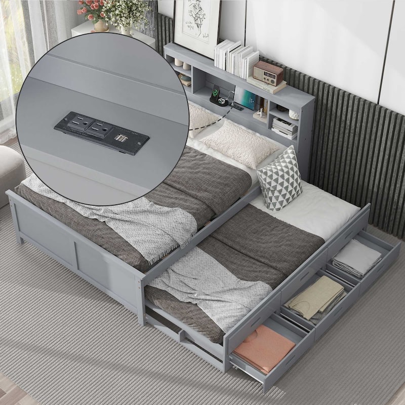 Full Size Platform Bed with Storage Headboard, USB, Twin Trundle, and 3 Drawers in Gray - Gray
