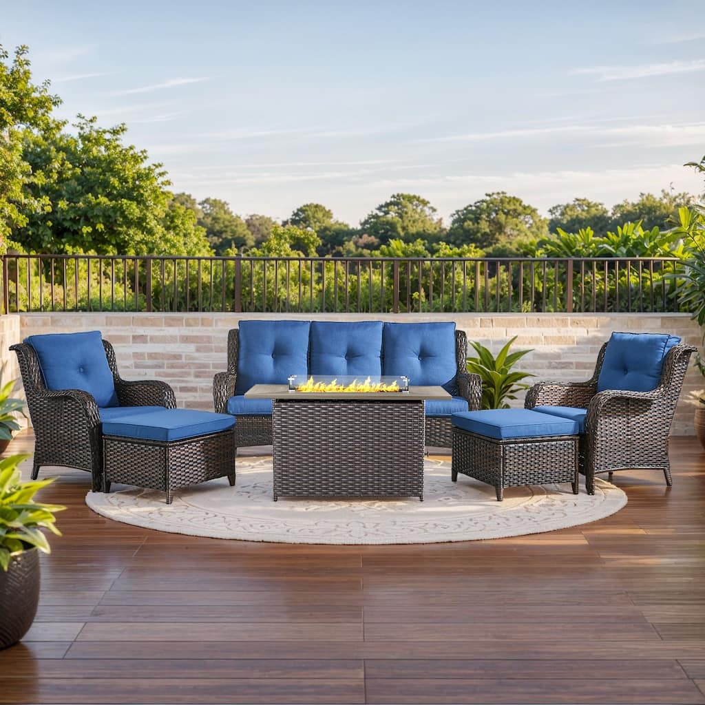 Fire Pit Table with Patio Sofa Chairs Ottomans Brown-Blue - Brown