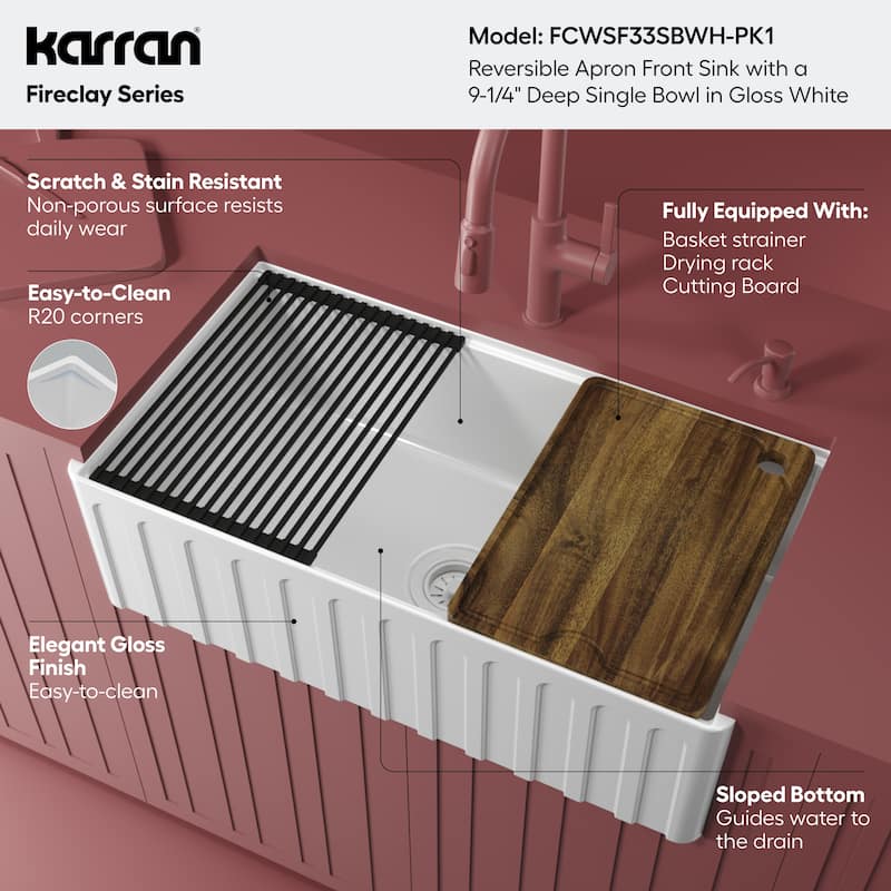 Karran 33" Single Bowl Workstation Fireclay Kitchen Sink with Reversible Fluted Apron Front