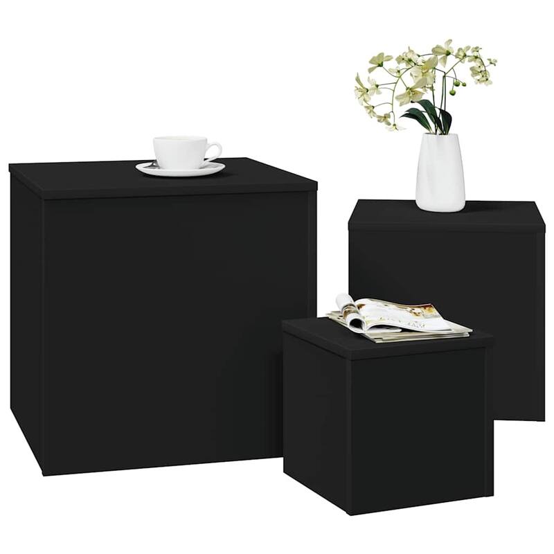 vidaXL Side Table Set of 3 Black Engineered wood Small to Large - 17.7 x 17.7 x 17.7 in
