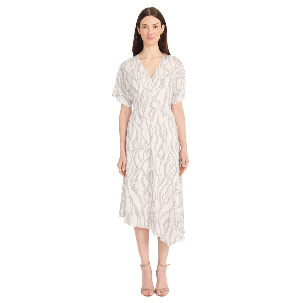 V-Neck Short Sleeve A-Line Midi Dress With Asymmetric Hem And Back Zipper