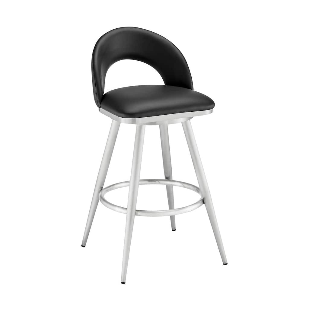 Visy 26 Inch Swivel Counter Stool Chair, Round Back, Black Faux Leather