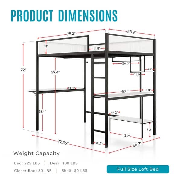 dimension image slide 1 of 2, Furniture of America Jackson Modern Black Metal Loft Bed with Dual Desks and Closet Rod