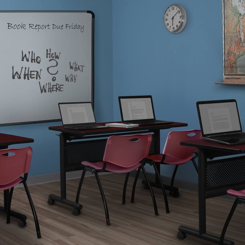 48" x 24" Flip Top Mobile Training Table with Modesty Panel- Mahogany and 2 "M" Stack Chairs- Burgundy
