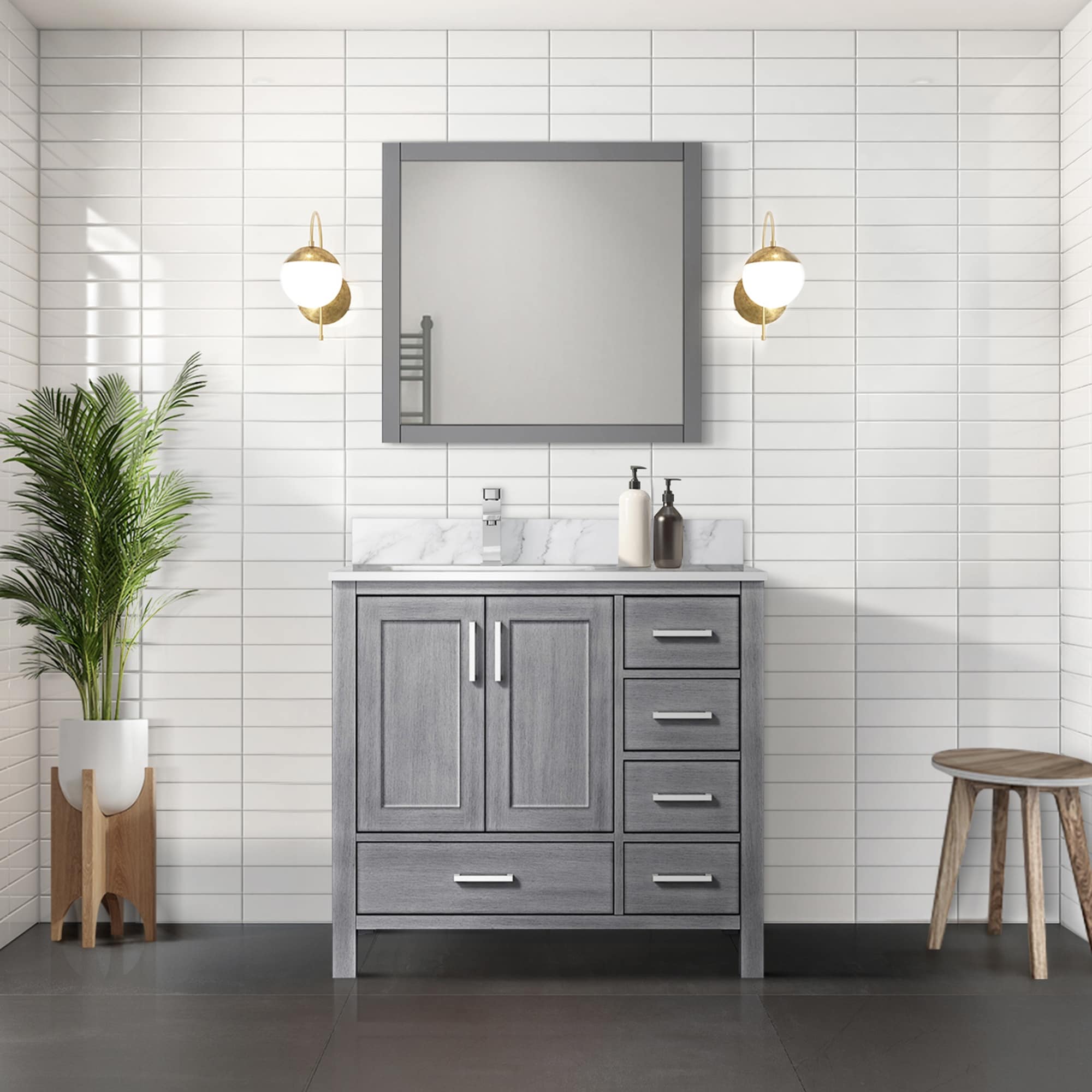 Jacques 36 in. W x 22 in. D Left Offset Distressed Grey Bath Vanity and Carrara Marble Top