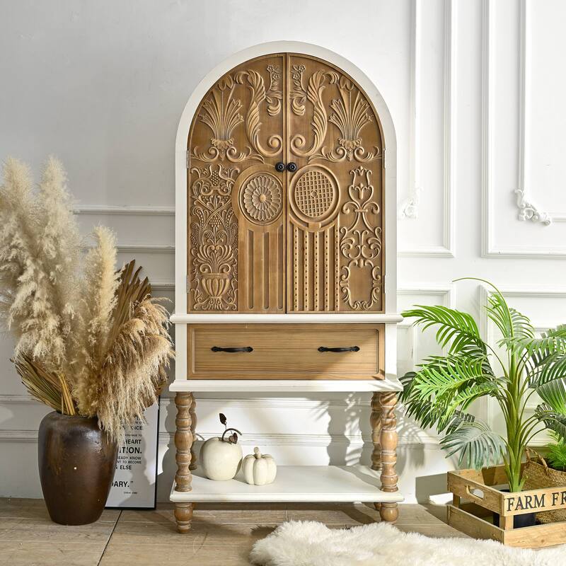 Rossetta 2-Door Arched Flower Handmade Carved Solid Wood Sideboard Cabinet with Open Shelf