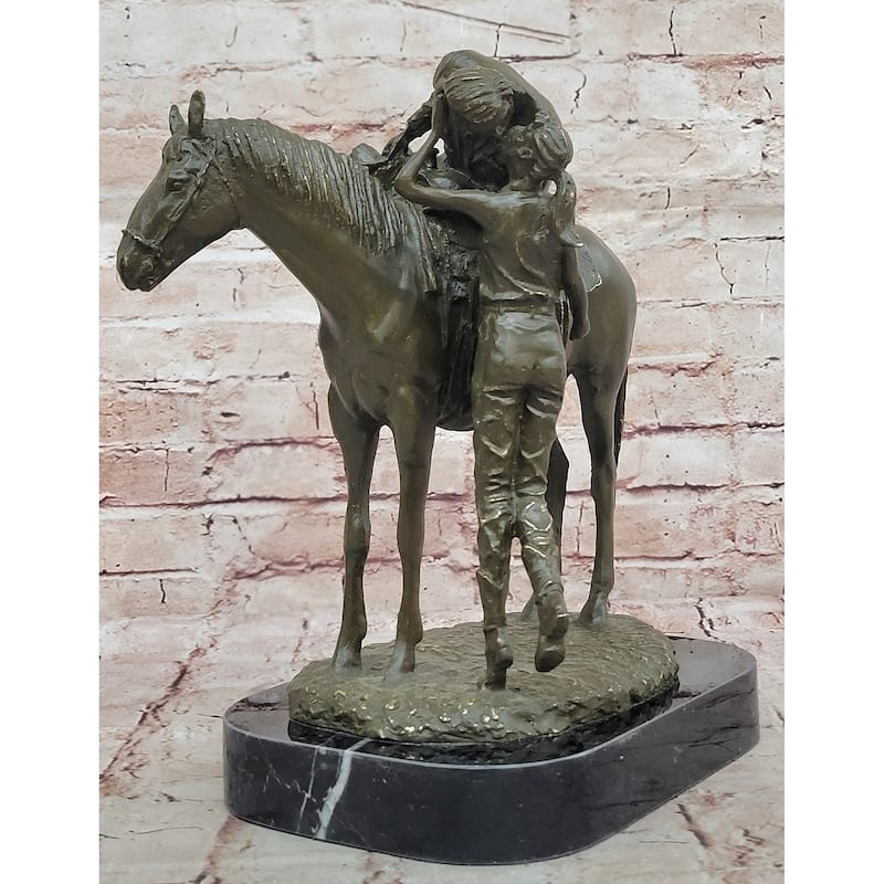 Bronze Equestrian Statue – Children Embracing Imitative Horse On Marble