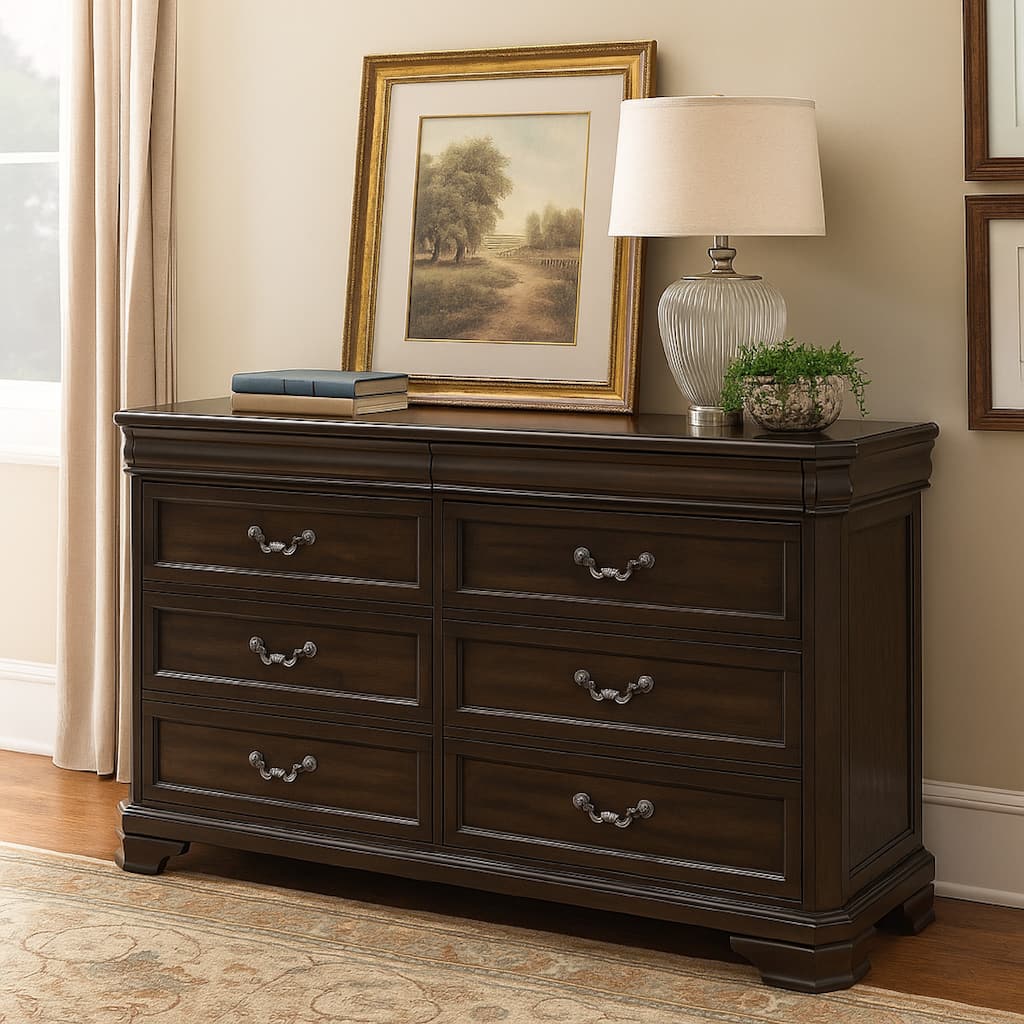 Lynda Dresser, 6 Drawers, Pewter, Dark Brown Solid Acacia Wood 68 Inch