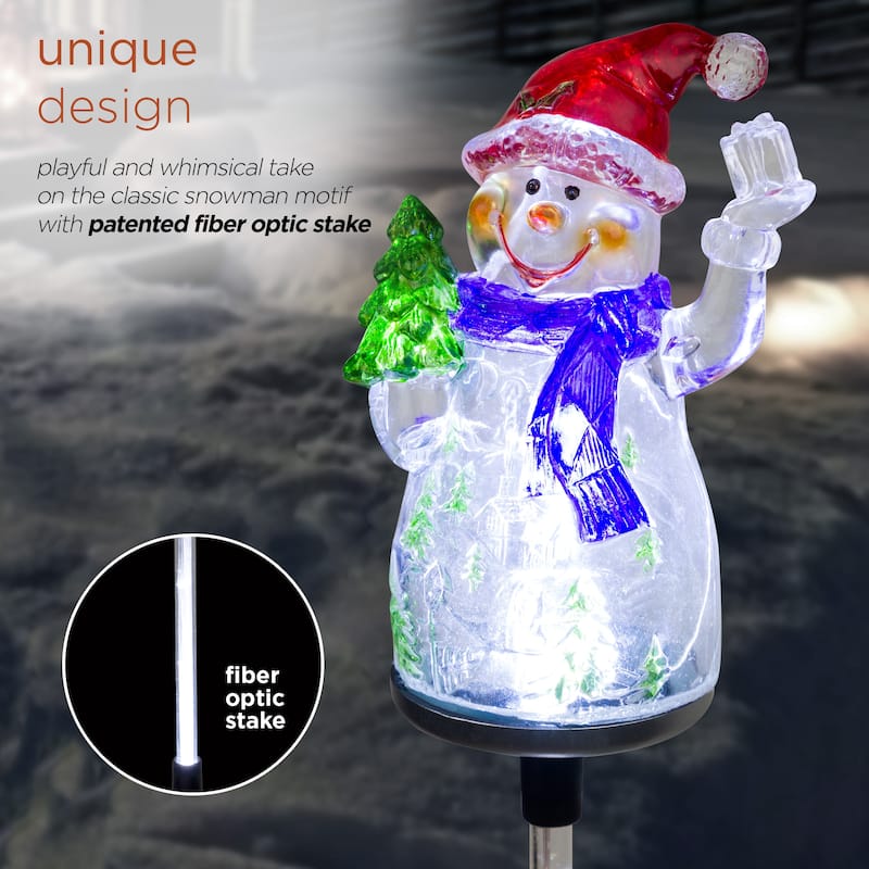 Alpine Corporation 34"H Outdoor Solar Christmas Snowman Fiber Optic Lawn Stakes with LED Lights (Set of 2) - Multi