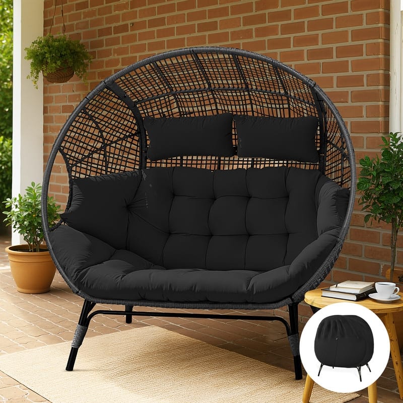 FINCATI 2-Person Wicker Egg Chair, 680 lb Capacity - Dark Grey/Cover