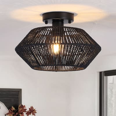 1-Light Farmhouse Style Classic Semi Flush Mount Chandelier, Hand-Woven Semi-Flush Mount Ceiling Light with Drum Shade
