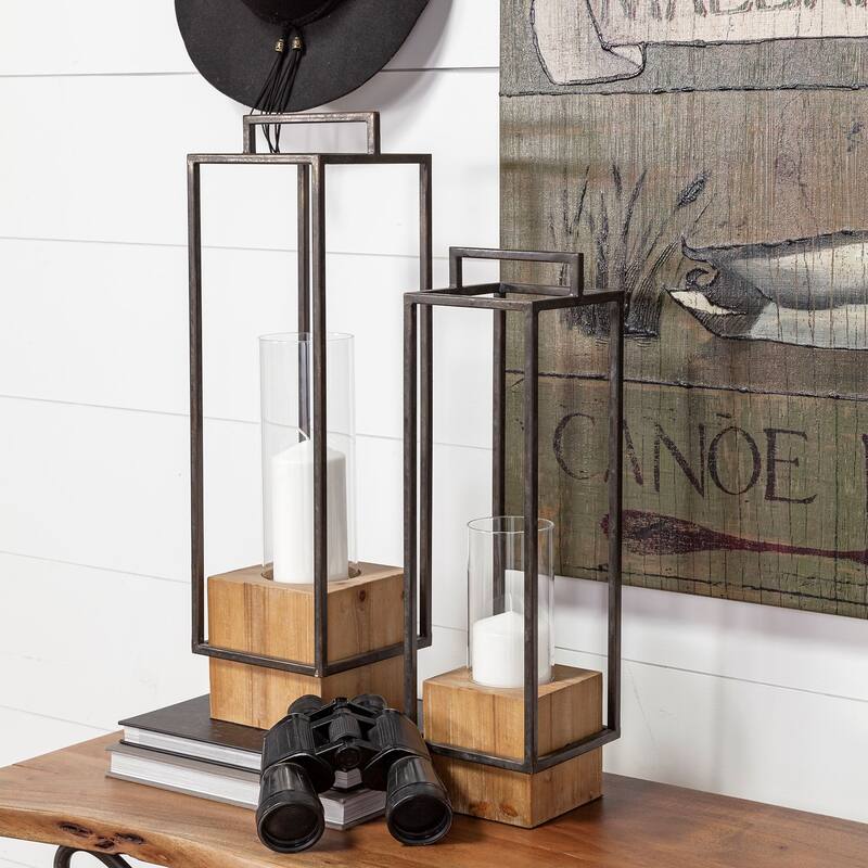 Orionis Brown Wood with Black Metal Square Candle Holder Lantern