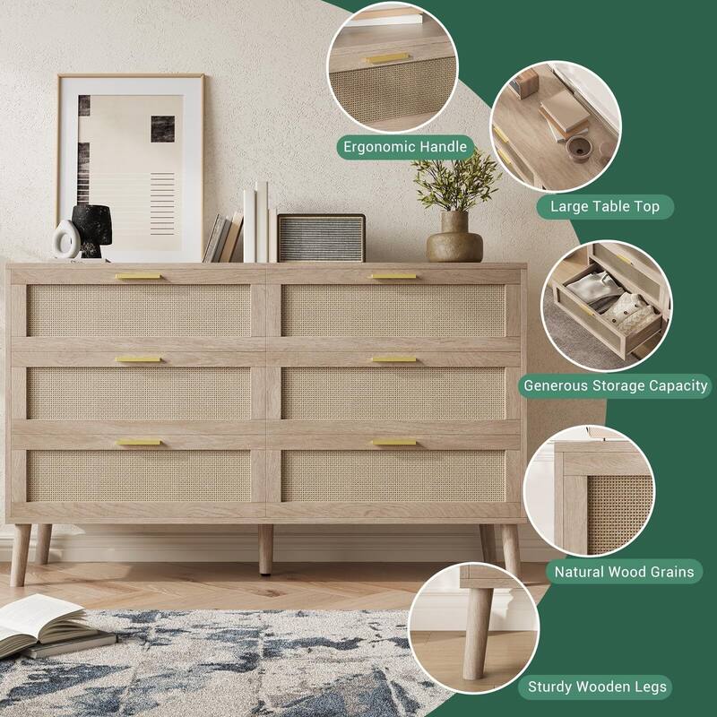 6 Drawer Rattan Dresser, 47.2" x 15.7" x 29.5" Rattan Chest of Dressers, Mid Century Modern Dresser for Closet with Handles