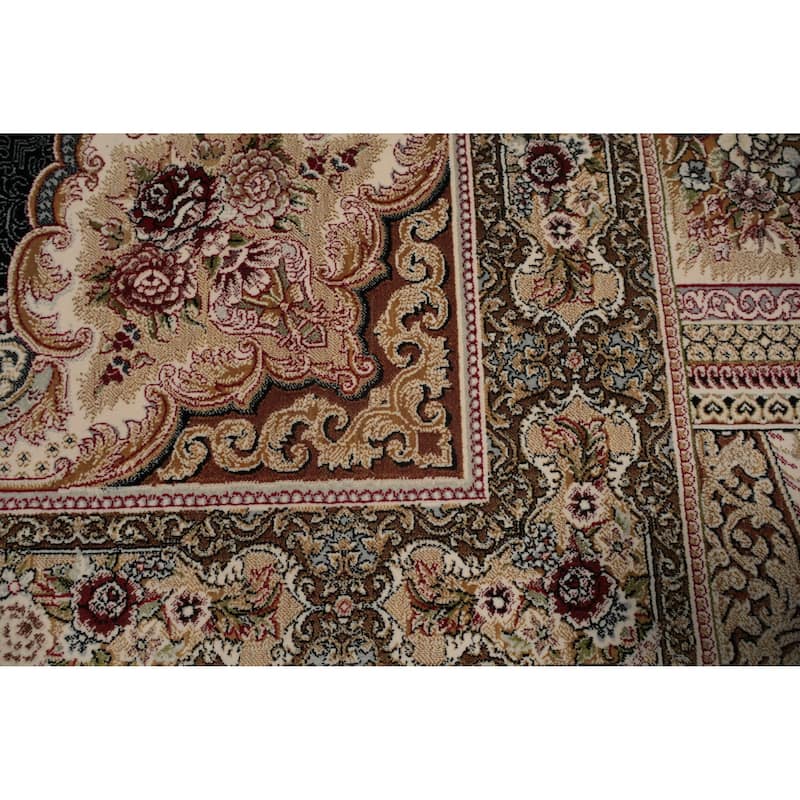 Machine Made Oriental 90% Silk - 10% Polyester Carpet Traditional Medallion Navy Blue & Blues Qum Area Rug - 9' 10'' X 6' 6''