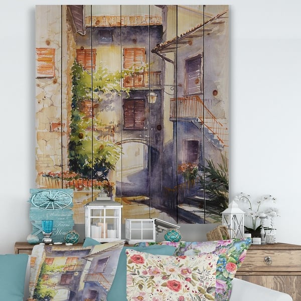 slide 1 of 5, Designart 'Rustic and Idyllic Italian VIllage' Country Print on Natural Pine Wood
