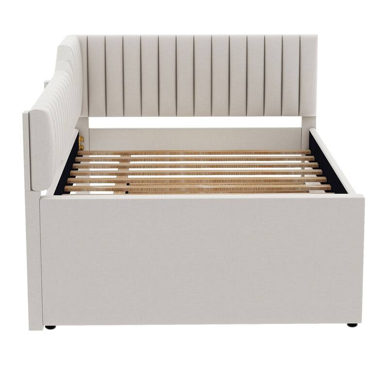 Upholstered Linen Bed Frame, Full Size Daybed with Pull-out Trundle and Storage Three Drawers for Bedroom/Apartment