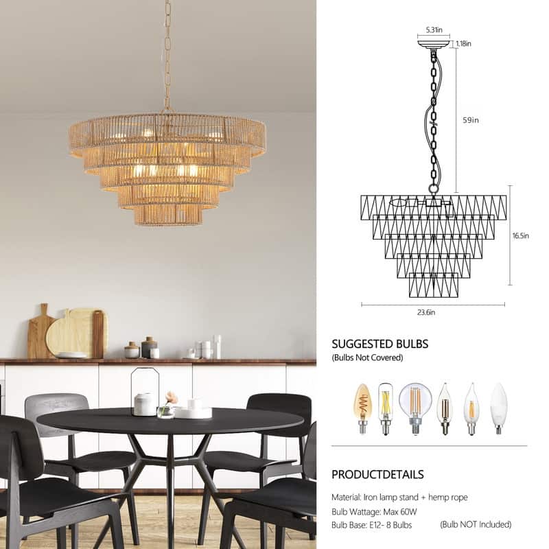 Modern Layered Hemp Rope Chandelier in Boho Style, Elegant Hanging Light for Living, Dining & Bedroom Areas (Bulbs Not Included)