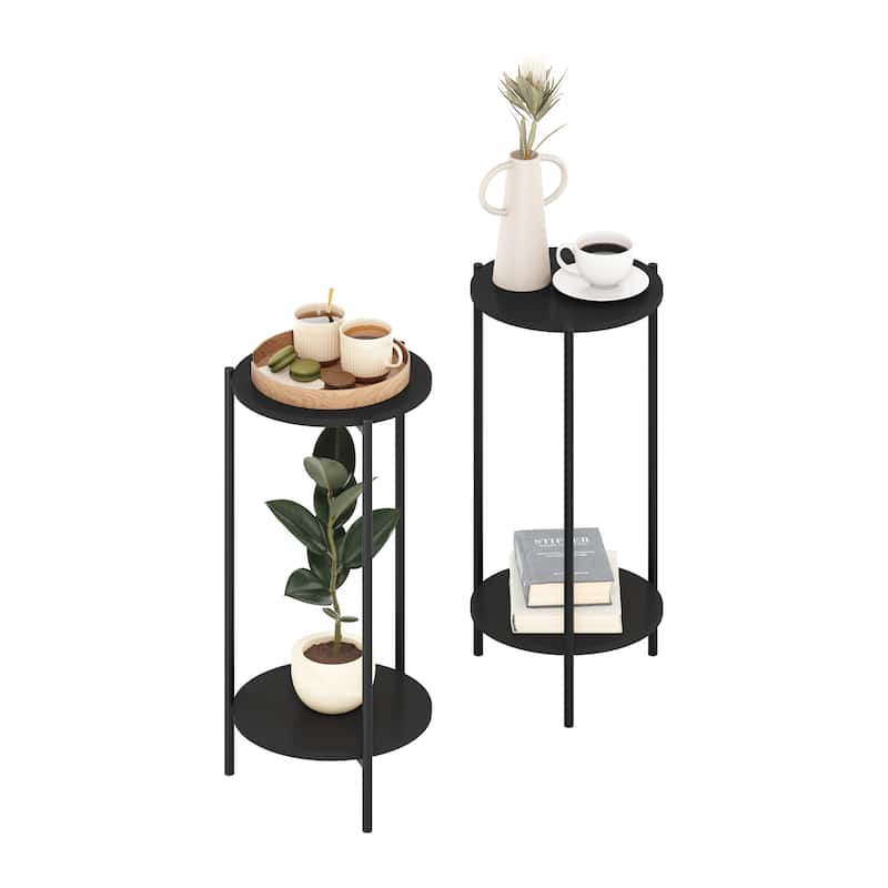 Furinno Besi 2-Tier Modern Tall Round Side End Table with Sturdy Metal Legs, Americano, Set of 2
