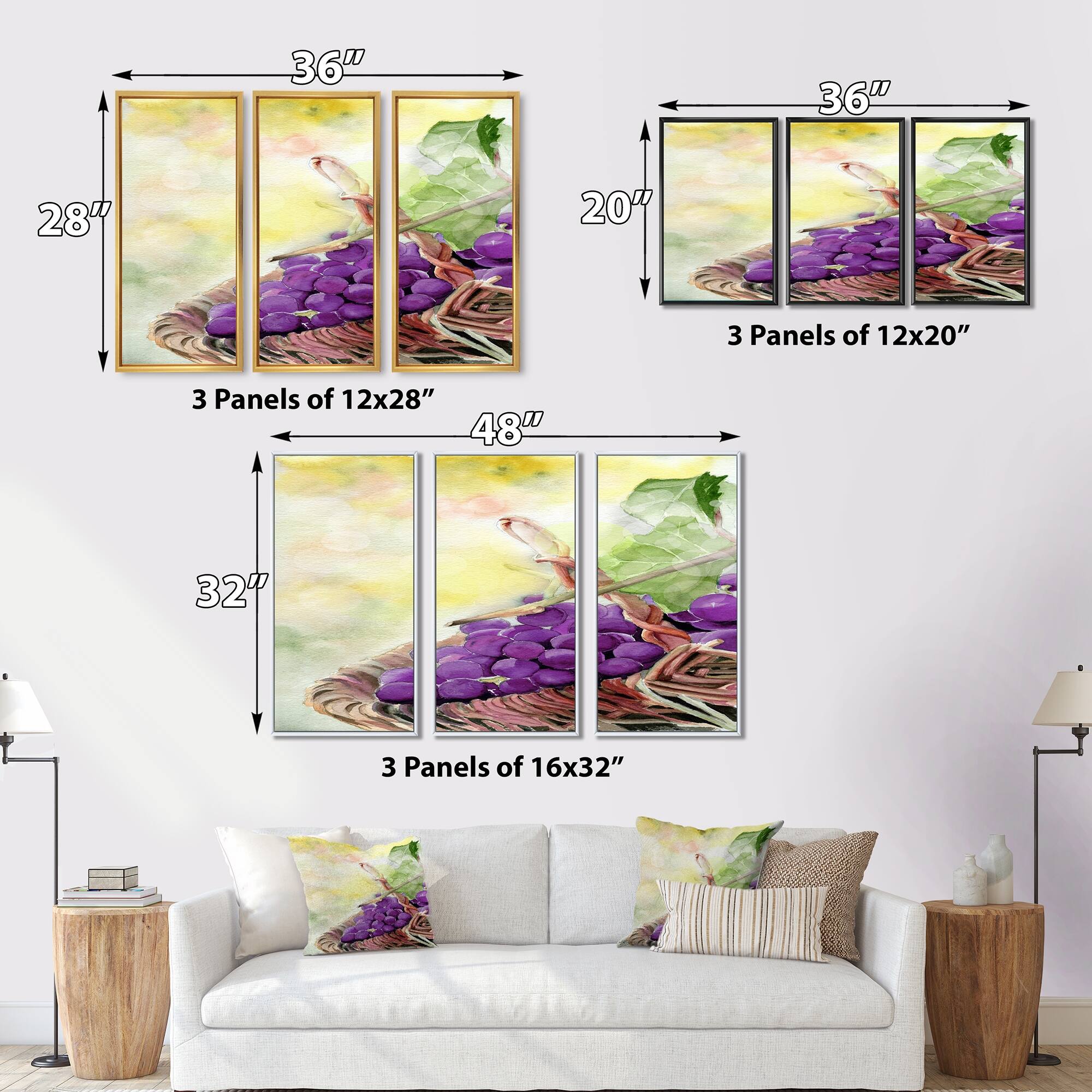 Designart "Bunch Of Purple Grapes" Traditional Framed Wall Art Set of 3