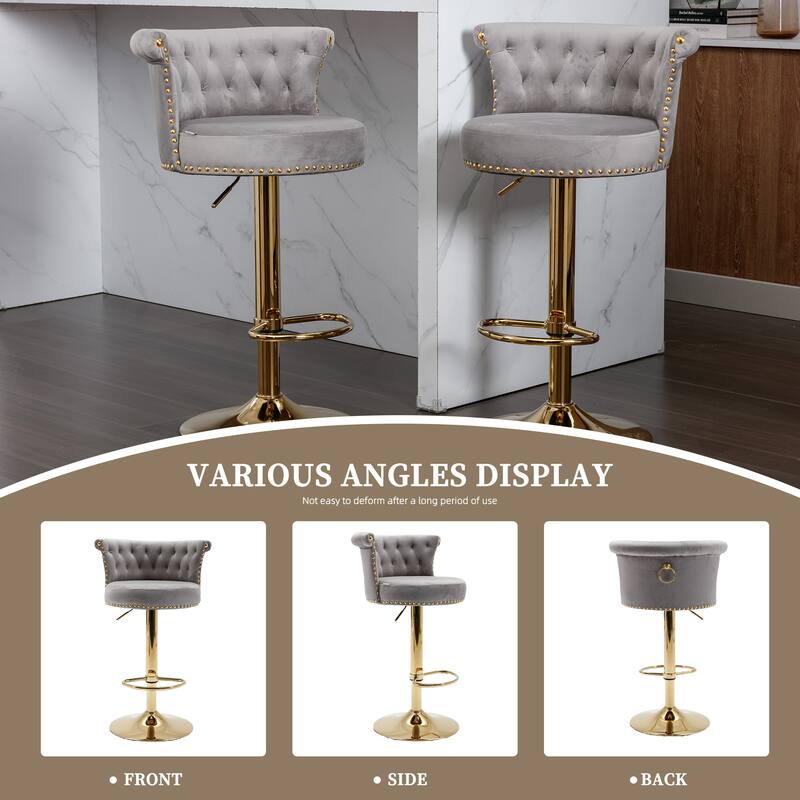 Velvet Upholstered Tufted Nailheads Swivel Adjustable Height Bar Stools With Golden Footrest(set of 2)