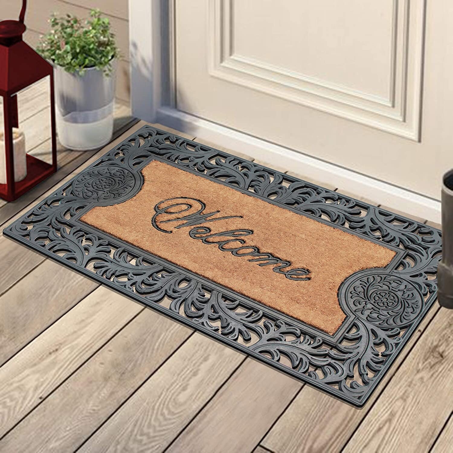 A1hc Welcome Border Beige 24 in x 39 in Rubber and Coir Heavy-Duty Outdoor Entrance Durable Doormat