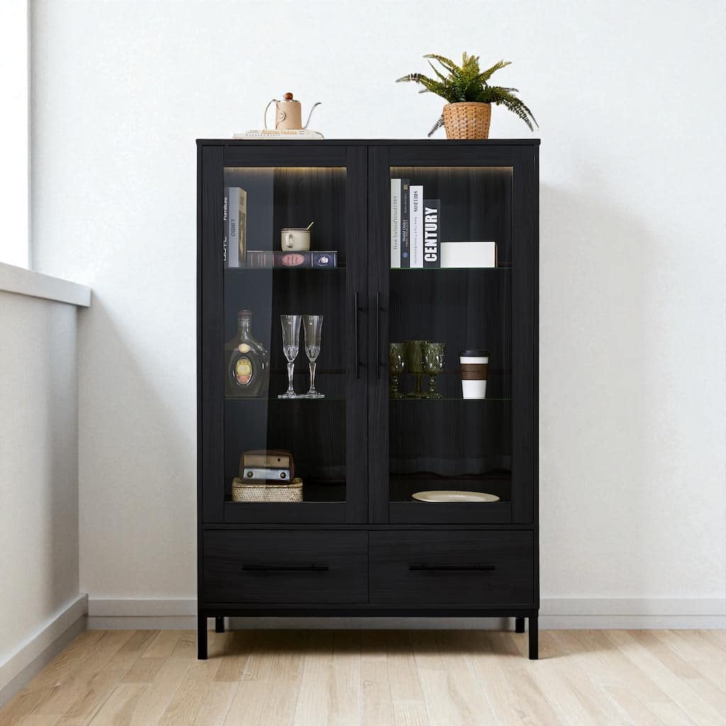 60" Tall Farmhouse Display Cabinet with Glass Doors, LED Lighting, Adjustable Shelves and 2 Drawers