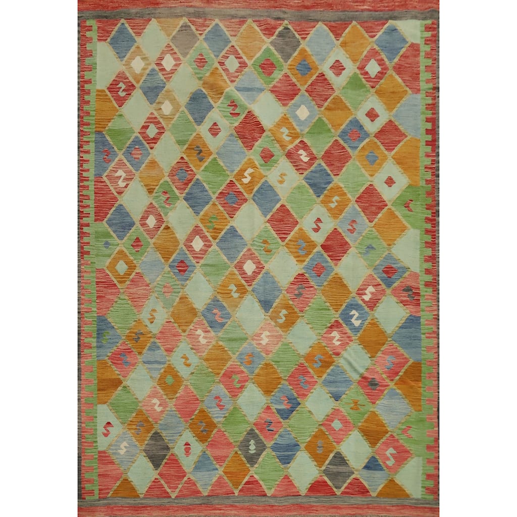 Hand Woven Oriental 100% Wool Carpet Southwestern Tribal Multi-Colored Kilim Area Rug - 9' 8'' X 8' 4''