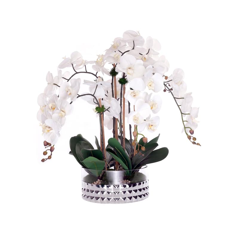 Real Touch Phalaenopsis Orchids /Moss/pebbles in Glass Silver Bowl