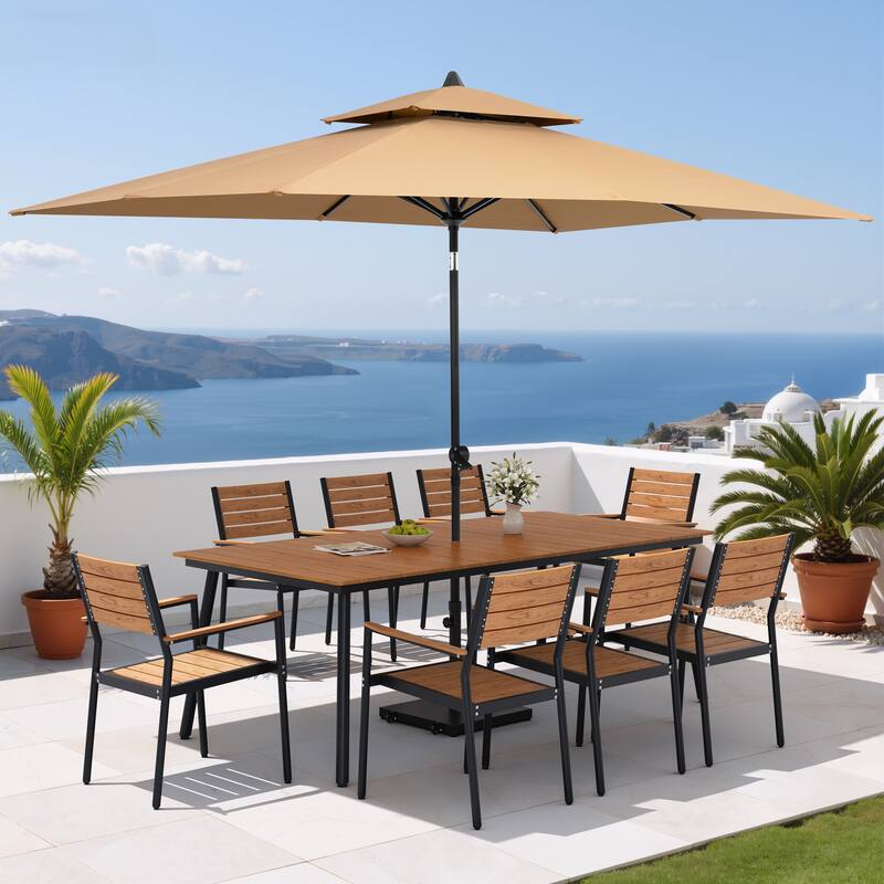 11PC Outdoor Patio Dining Set Aluminum Table with Stackable Armchairs w/ Premium Market Umbrella Sets - BrownTable&BrownChairs&TanUmbrella