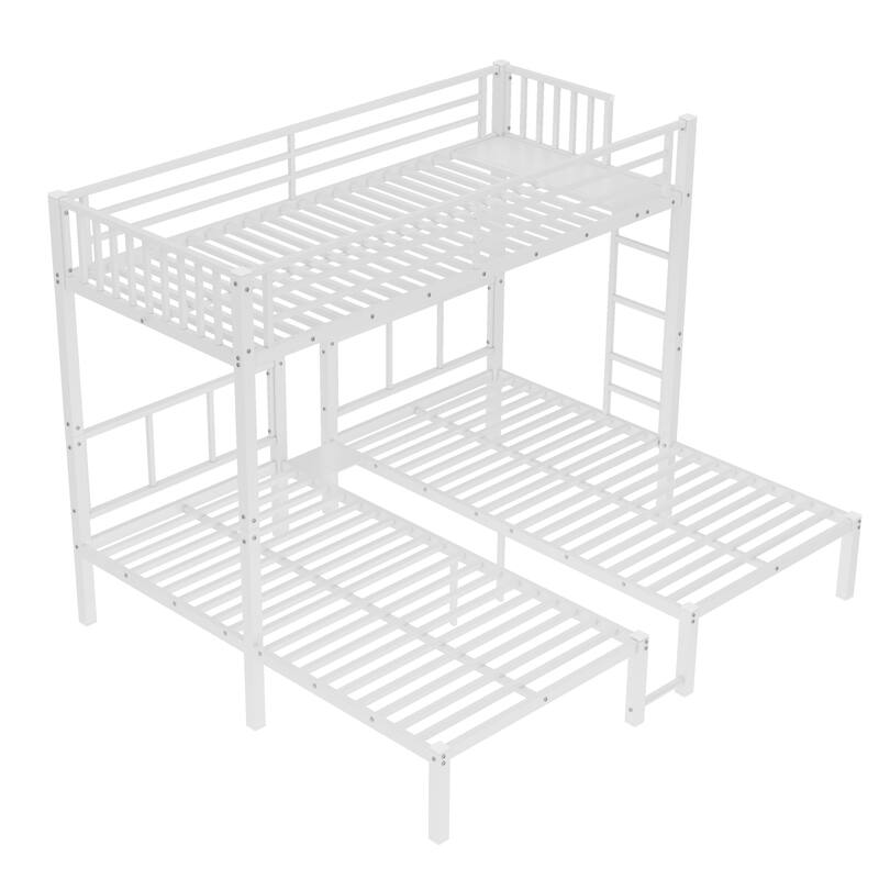 Triple Twin Metal Detachable L-Shape Bunk Bed with Guardrails, Twin XL Convertible Shelf and Under-Bed Table
