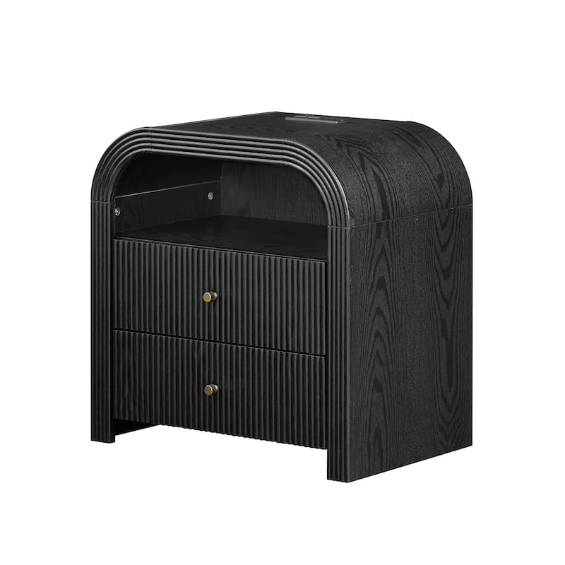 Modern Fluted Nightstand with Charging Station, Arched End Table