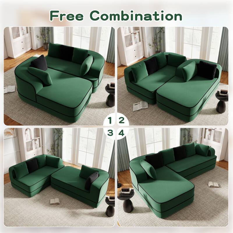 Roomfitters No Assembly Modular Sofa, 106 Inch Teddy Fabric Floor Couch with Chaise, Green