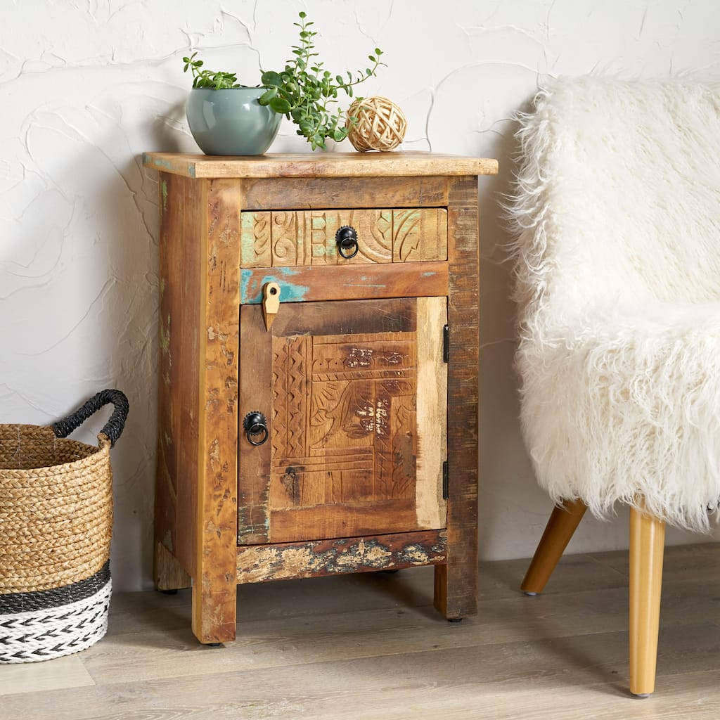 Roomfitters Reclaimed Wood Accent Cabinet with Door and Drawer, Rustic Storage Cabinet with Hand-Carved Detailing