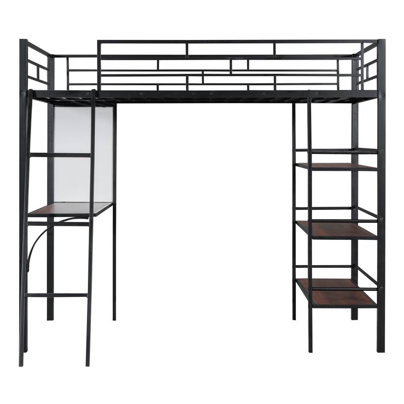 Stylish Loft Metal Bed with 3-Layer Shelves, Built-in Desk & Whiteboard - Modern Frame Design