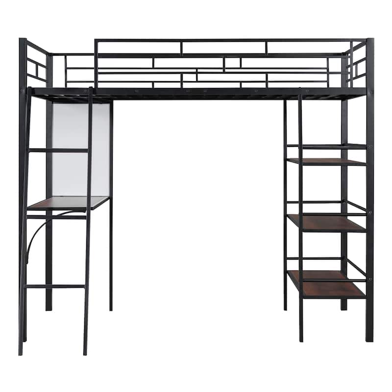 Twin Size Metal Loft Bed with 3-Tier Shelves, Desk, and Whiteboard, Black/White Finish