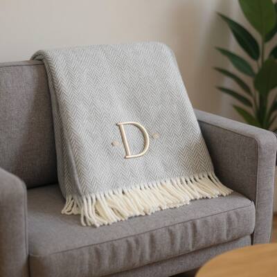 HomeRoots 55" X 70" Gray And White Herringbone Cotton Blend D Initial Throw Blanket with Tassels And Embroidery