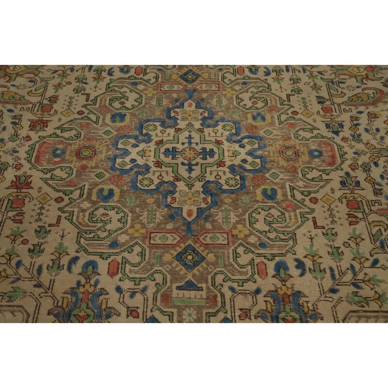 Hand Knotted Oriental 100% Wool Carpet Traditional Floral Beige & Ivories Tabriz Area Rug - 10' 9'' X 7' 10''