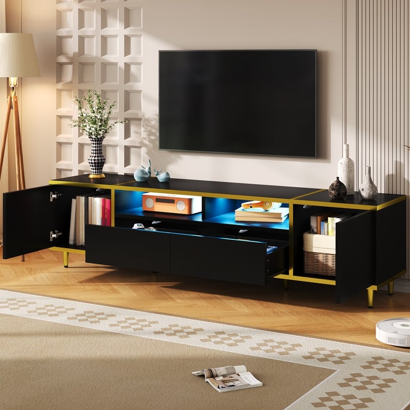 70.9'' Modern TV Stand for TVs up to 80 Inches, Entertainment Center with 2 Shelves and LED Lights